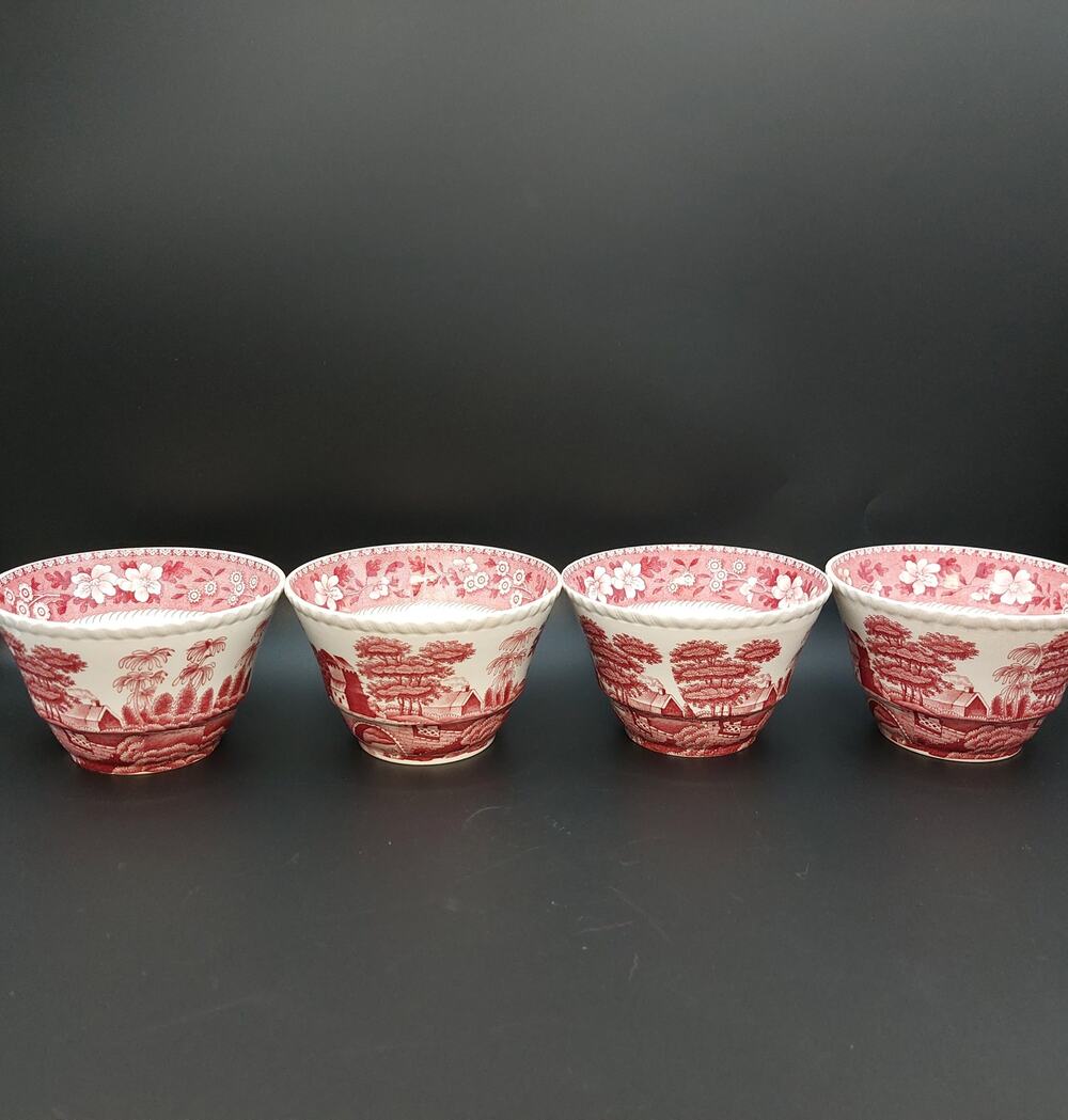 Spode Tower Pink Cranberry Bowls Set of 4 Red Transferware Fruit Dessert Vintage